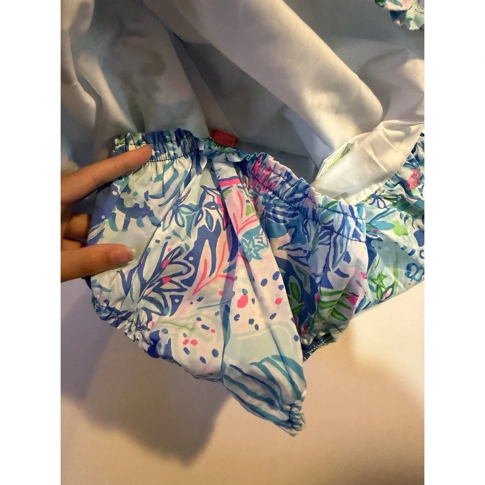 Lilly Pulitzer Baby Britta Bubble Dress Set 12-18M Blue Floral Rosette Bloomers
